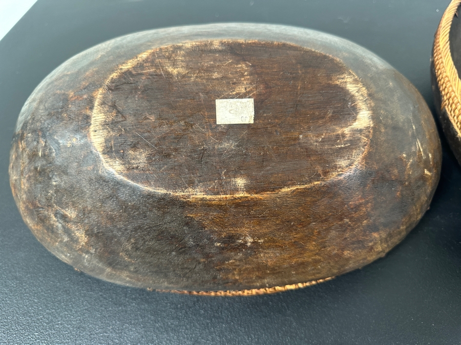 Set Of Three Nesting Handcrafted Oval Wooden Bowls With Rattan Handles Ranging In Size From 10'L To 15'L [Photo 4]