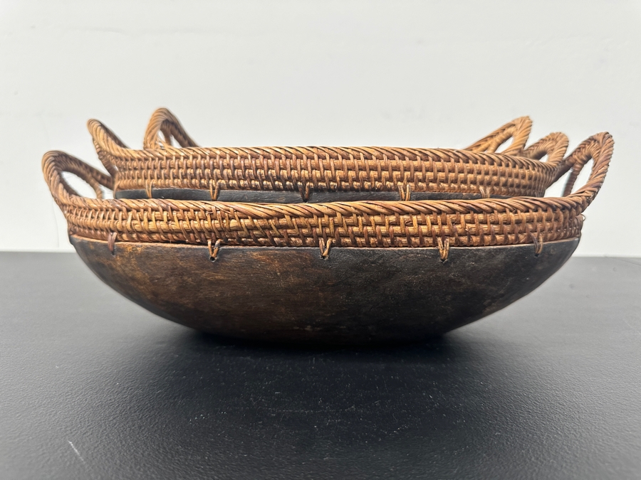 Set Of Three Nesting Handcrafted Oval Wooden Bowls With Rattan Handles Ranging In Size From 10'L To 15'L [Photo 2]