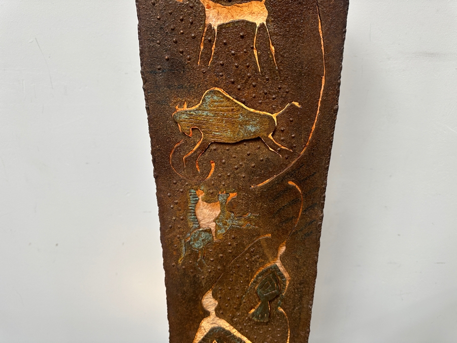 Metal Petroglyph Freestanding Lamp From Santa Fe Artist With Carved Desert Symbols Titled 'Spirit Messengers' 63'H [Photo 3]