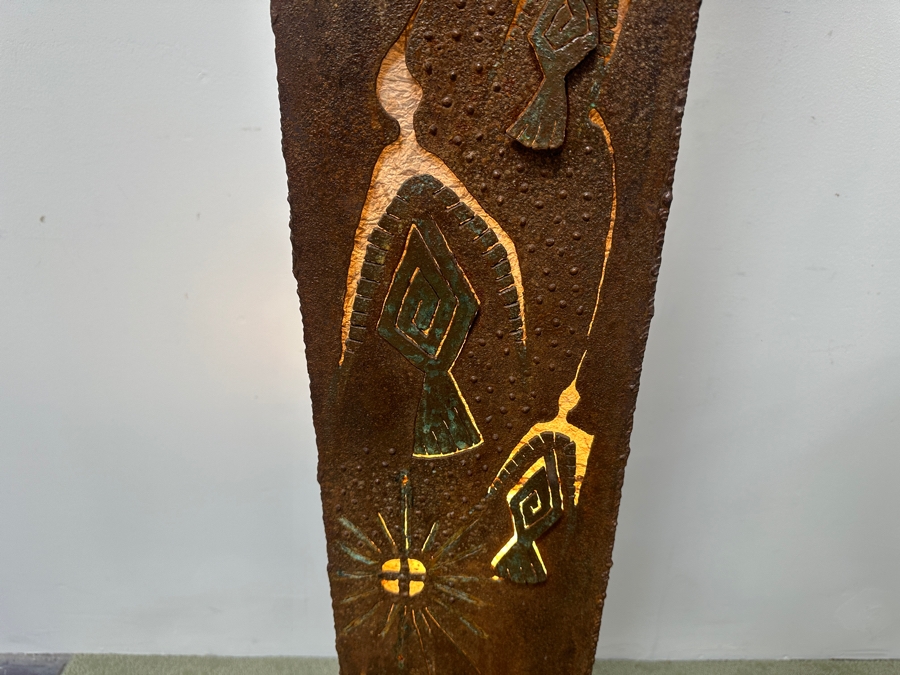 Metal Petroglyph Freestanding Lamp From Santa Fe Artist With Carved Desert Symbols Titled 'Spirit Messengers' 63'H [Photo 4]