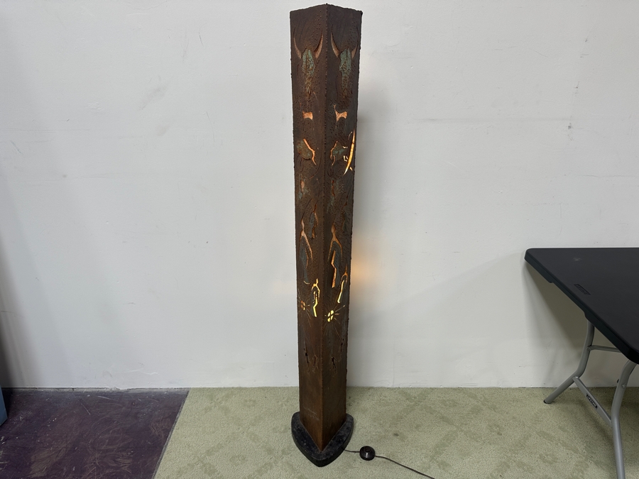 Metal Petroglyph Freestanding Lamp From Santa Fe Artist With Carved Desert Symbols Titled 'Spirit Messengers' 63'H [Photo 8]