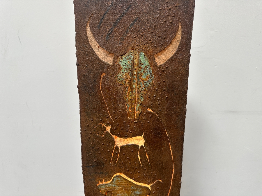 Metal Petroglyph Freestanding Lamp From Santa Fe Artist With Carved Desert Symbols Titled 'Spirit Messengers' 63'H [Photo 2]