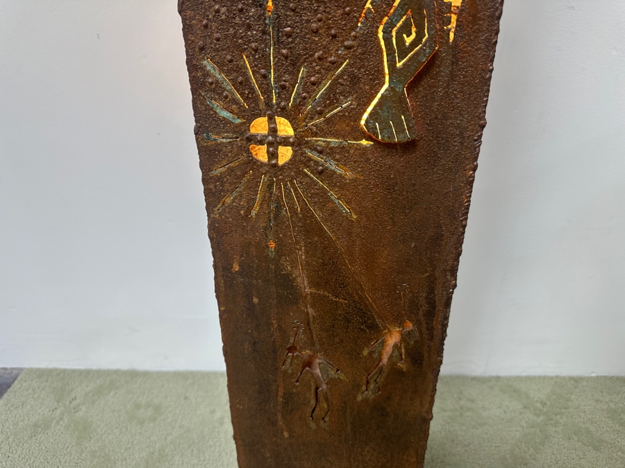 Metal Petroglyph Freestanding Lamp From Santa Fe Artist With Carved Desert Symbols Titled 'Spirit Messengers' 63'H [Photo 5]