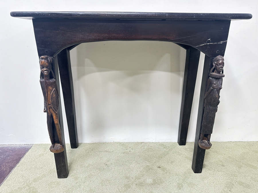 Vintage African Ebony Table With Carved Man And Woman Figures 42W X 18D X 36H [Photo 2]