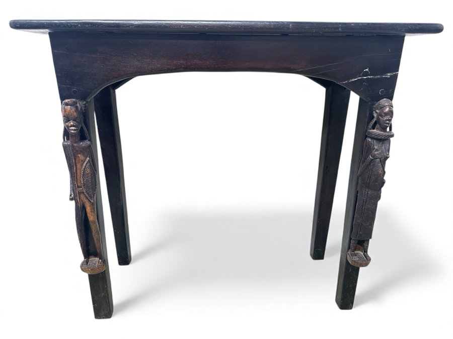 Vintage African Ebony Table With Carved Man And Woman Figures 42W X 18D X 36H