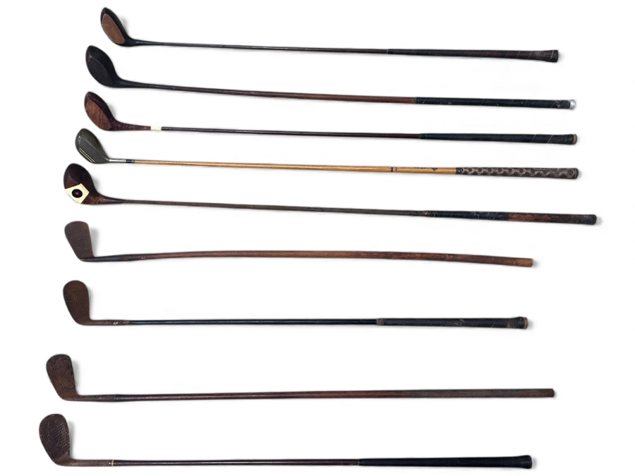 Set Of (5) Vintage Wooden Handle Golf Drivers & (4) Vintage Wooden Handle Golf Irons