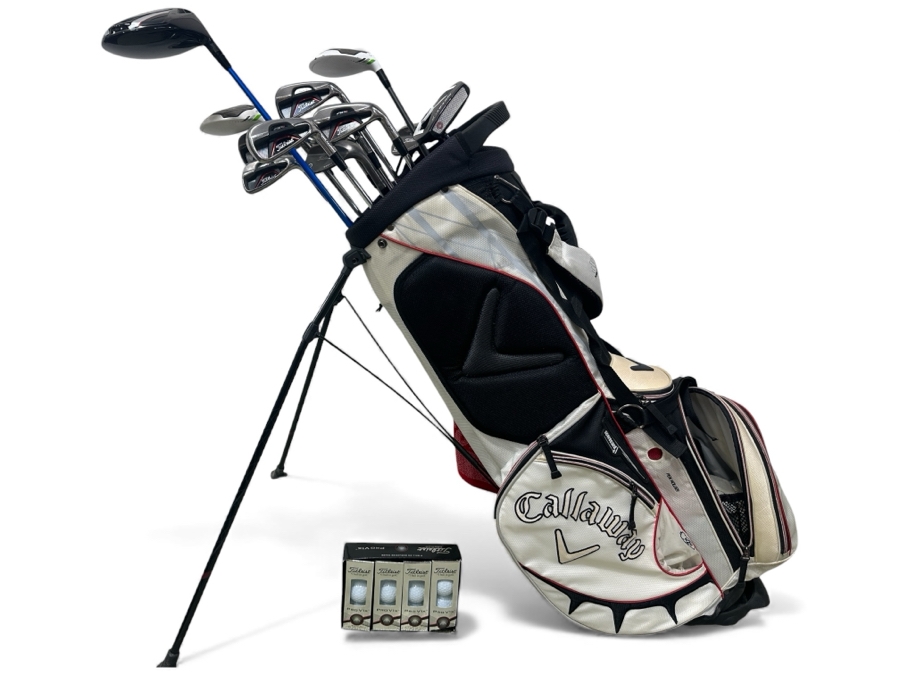 Golf Clubs Set With Titleist Driver And Irons, Odyssey Metal X D.A.R.T. Putter, TaylorMade Drivers, New Titleist Golf Balls & Callaway Golf Bag