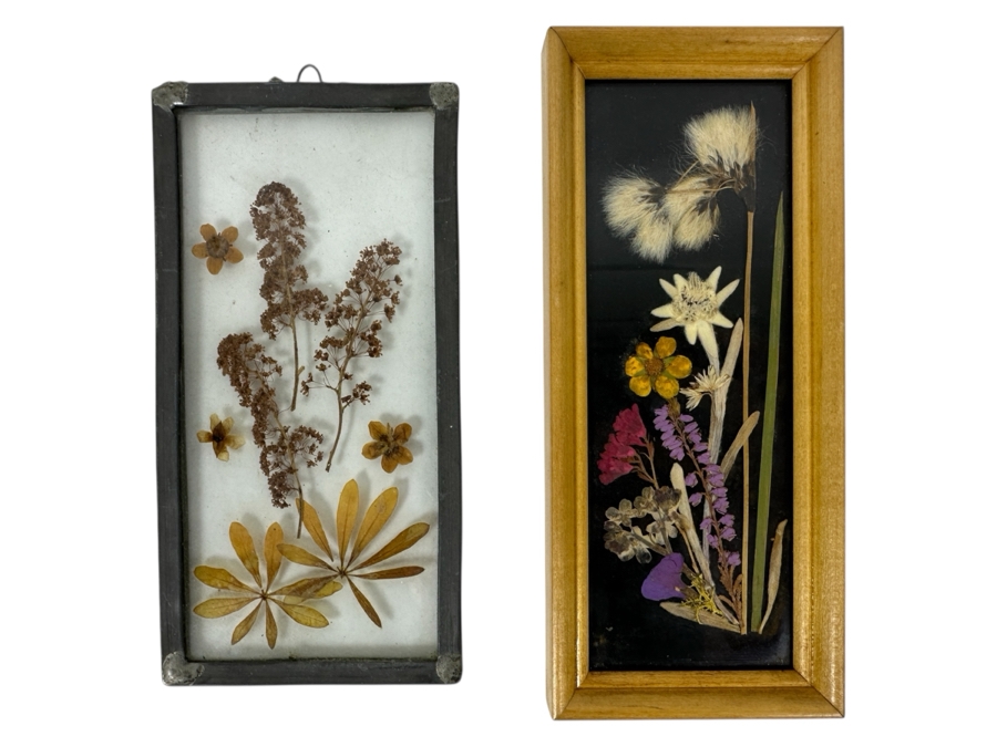 Just Added - Pair Of Framed Pressed Flower Arrangements Botanical Wall Artwork 6.5'H