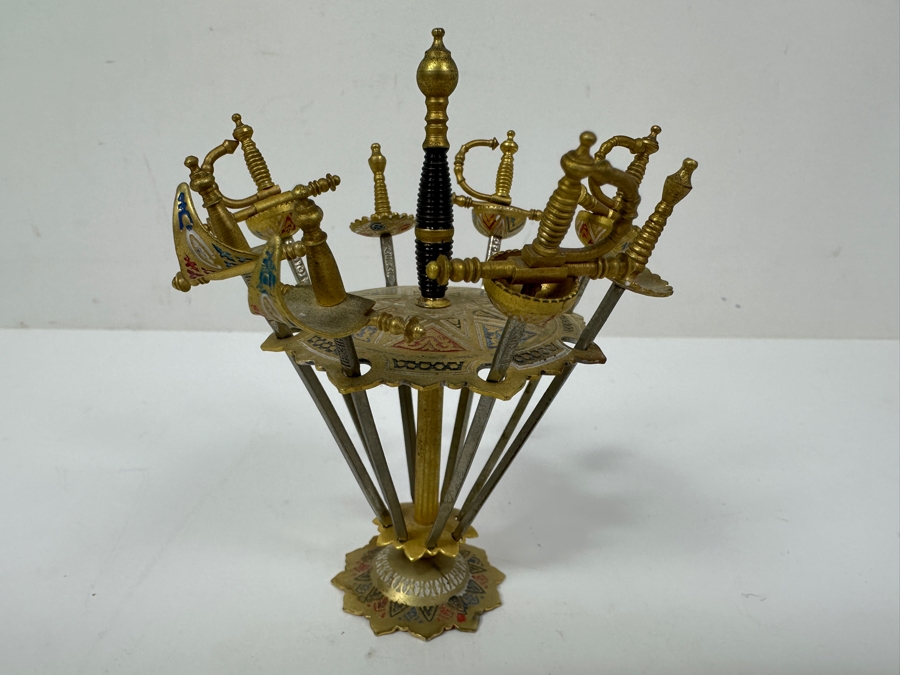 Just Added - Vintage Spanish Toledo Cocktail Swords With Decorative Stand Appetizer Or Martini Picks 4'H [Photo 3]