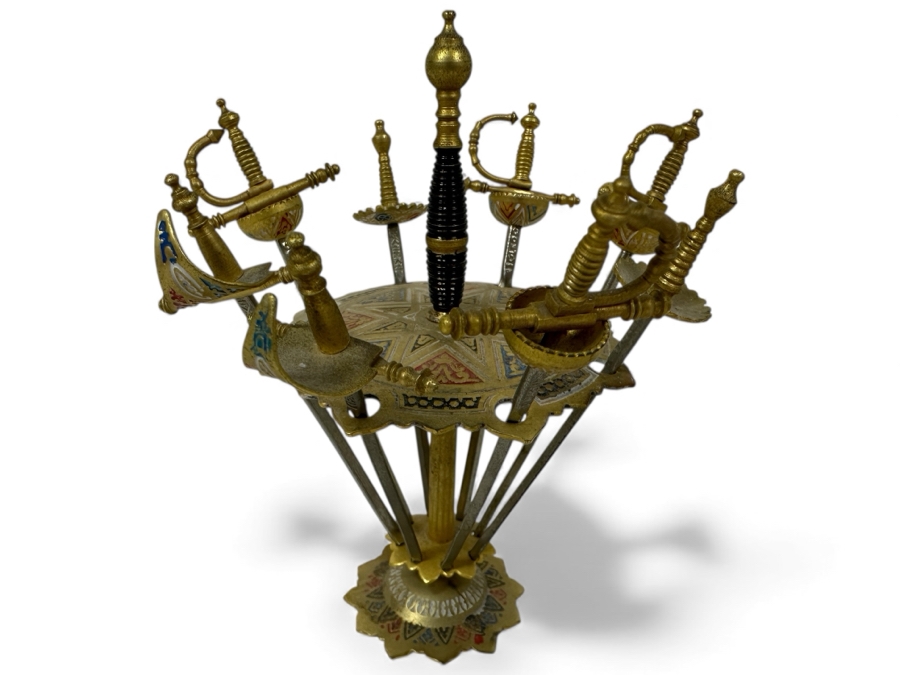 Just Added - Vintage Spanish Toledo Cocktail Swords With Decorative Stand Appetizer Or Martini Picks 4'H