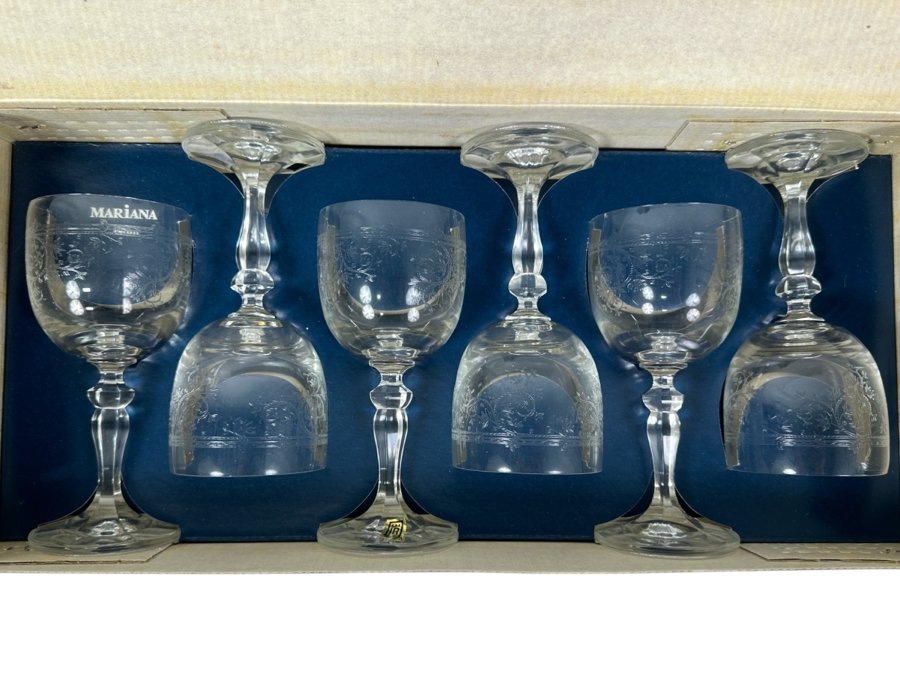Just Added - New Set Of (6) Mariana Lednicke Rovne Crystal Stemware Glasses 5.75'H