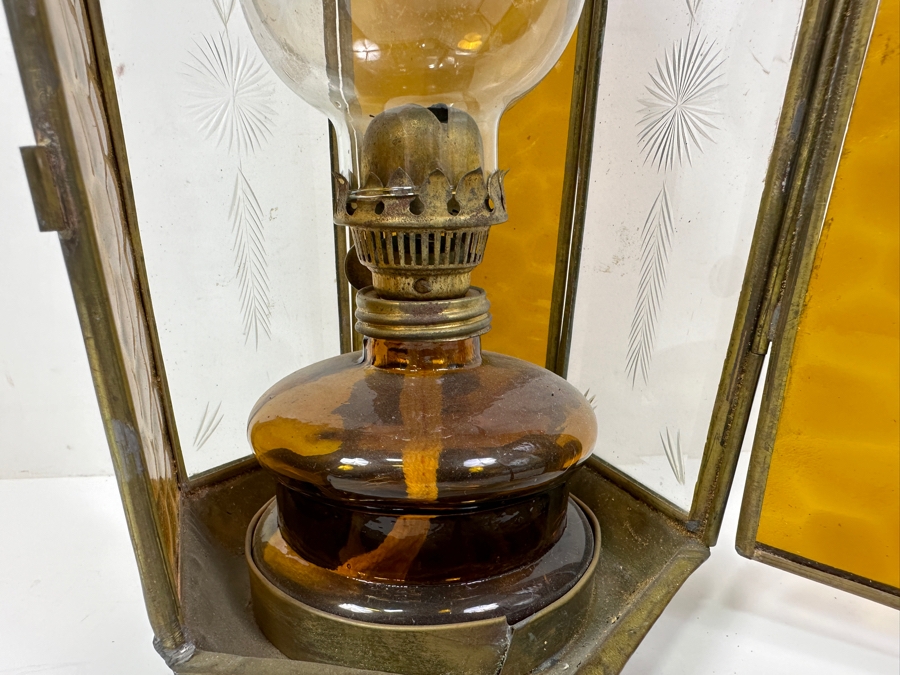 Just Added - Vintage Turkish Brass Lantern With Etched Glass Panels Oil Lantern Lamp (One Of The Top Glass Panels Is Cracked) 18.5'H [Photo 4]