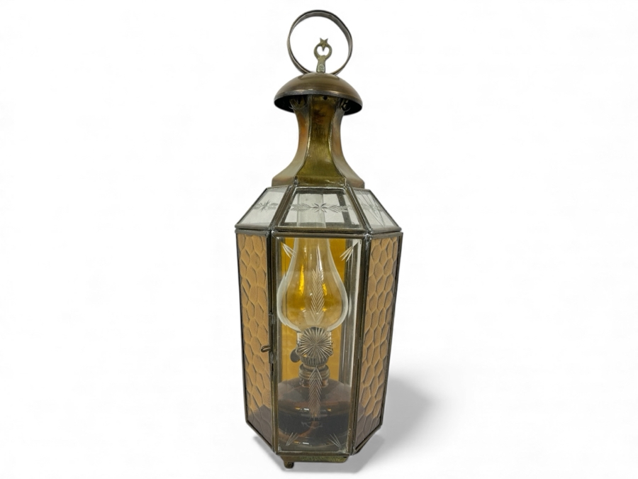 Just Added - Vintage Turkish Brass Lantern With Etched Glass Panels Oil Lantern Lamp (One Of The Top Glass Panels Is Cracked) 18.5'H