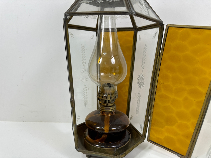 Just Added - Vintage Turkish Brass Lantern With Etched Glass Panels Oil Lantern Lamp (One Of The Top Glass Panels Is Cracked) 18.5'H [Photo 3]