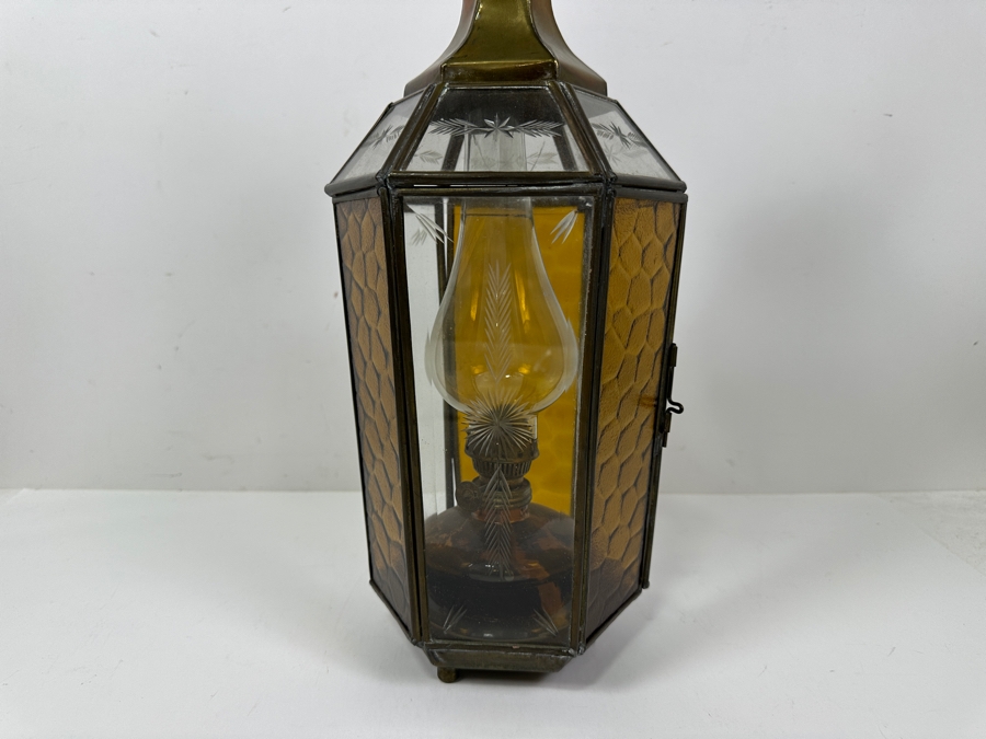 Just Added - Vintage Turkish Brass Lantern With Etched Glass Panels Oil Lantern Lamp (One Of The Top Glass Panels Is Cracked) 18.5'H [Photo 6]