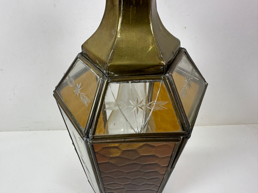 Just Added - Vintage Turkish Brass Lantern With Etched Glass Panels Oil Lantern Lamp (One Of The Top Glass Panels Is Cracked) 18.5'H [Photo 11]