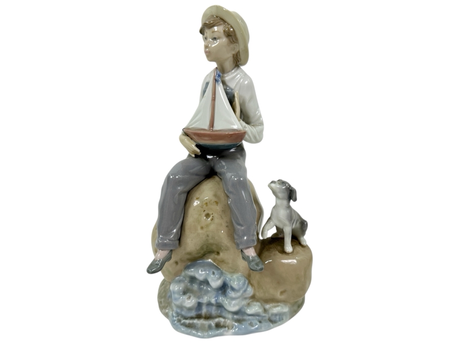 Just Added - Vintage Lladro Porcelain Figurine 'Sea Fever' Boy With Boat And Dog 9'H