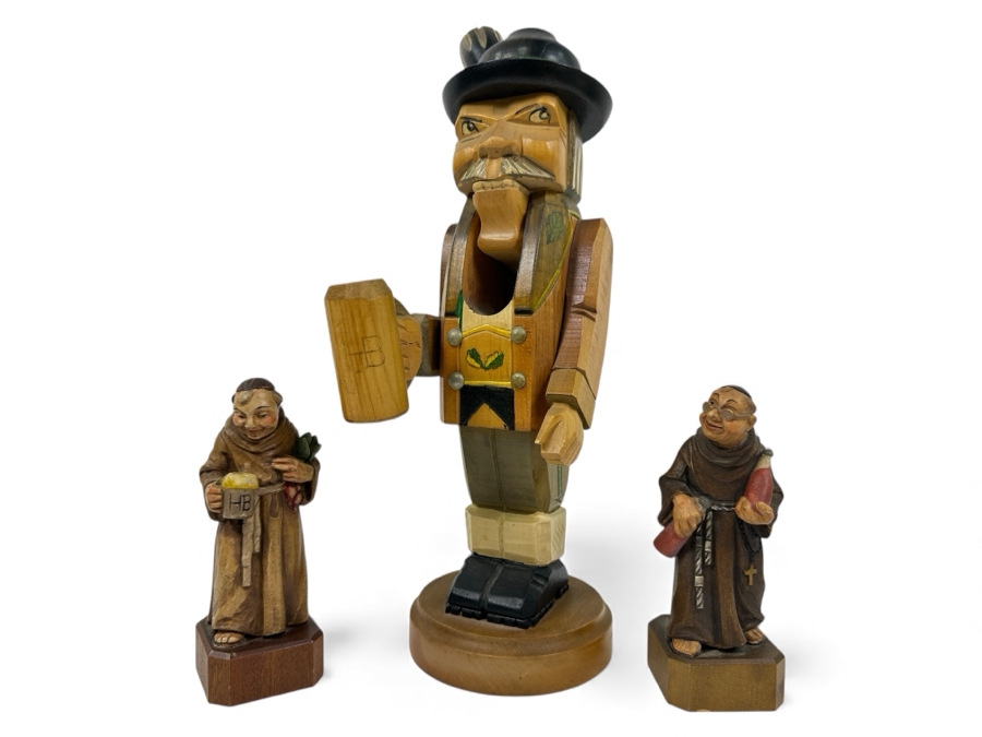 Just Added - (1) Vintage German Wooden Nutcracker 12.5'H And (2) Anri/Toriart Italian Monk Figurines 5.5'H
