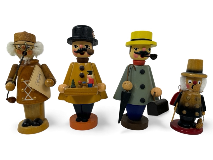 Just Added - (4) Vintage German Folk Art Rauchermann Wooden Incense Smokers - Erzgebirge Region Of Germany - Holds Small Incense Cone - Smoke Curls Out Of Mouth 4.5'H To 6.5'H