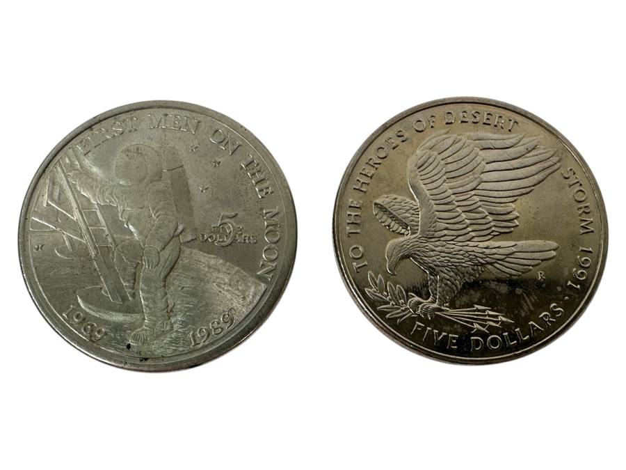 Just Added - Pair Of Five Dollar Coins From The Republic Of The Marshall Islands: 1989 First Men Of The Moon & 1991 To The Heroes Of Desert Storm
