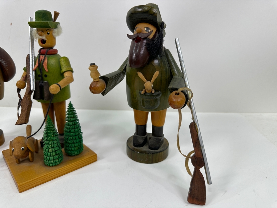 Just Added - (3) Vintage German Folk Art Rauchermann Wooden Incense Smokers Hunter Figurines - Erzgebirge Region Of Germany - Holds Small Incense Cone - Smoke Curls Out Of Mouth 7.5'H [Photo 2]