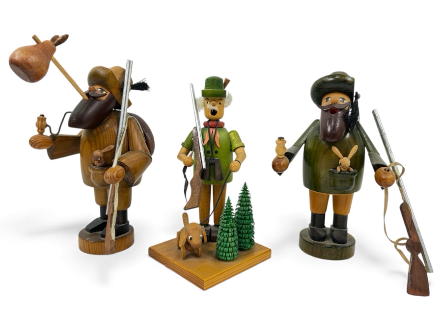 Just Added - (3) Vintage German Folk Art Rauchermann Wooden Incense Smokers Hunter Figurines - Erzgebirge Region Of Germany - Holds Small Incense Cone - Smoke Curls Out Of Mouth 7.5'H