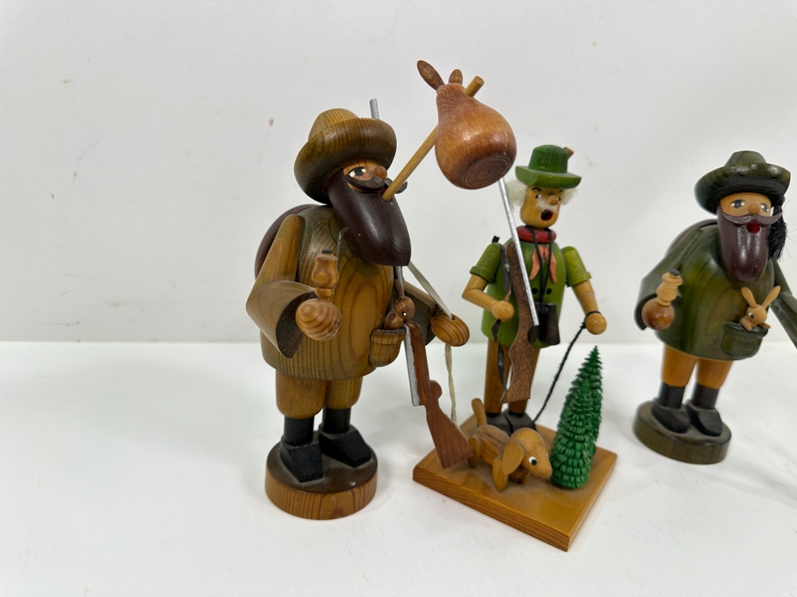 Just Added - (3) Vintage German Folk Art Rauchermann Wooden Incense Smokers Hunter Figurines - Erzgebirge Region Of Germany - Holds Small Incense Cone - Smoke Curls Out Of Mouth 7.5'H [Photo 9]