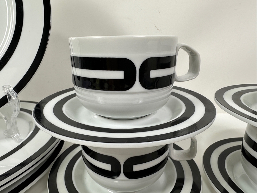 Just Added - Vintage Bob Van Allen For Mikasa Stone China L9121 Tangent Black Made In Japan: (4) 10.75' Plates, (4) Cups & Saucers, (3) 3' Bowls (See Photos For Bowls) [Photo 2]