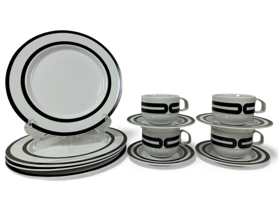 Just Added - Vintage Bob Van Allen For Mikasa Stone China L9121 Tangent Black Made In Japan: (4) 10.75' Plates, (4) Cups & Saucers, (3) 3' Bowls (See Photos For Bowls)