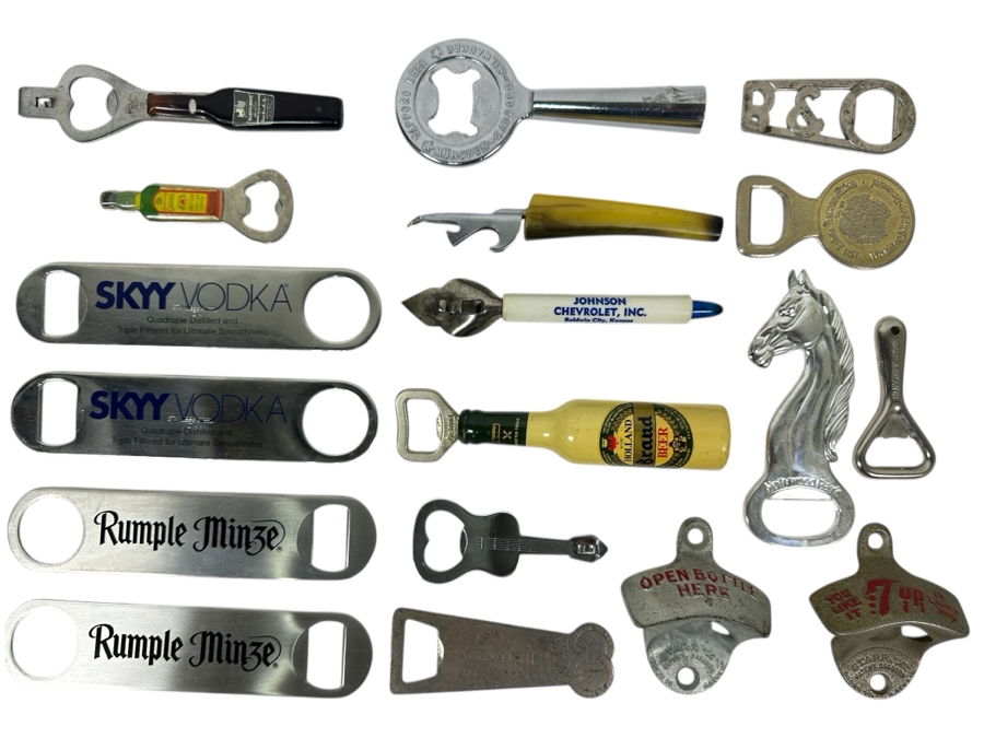 Just Added - Collection Of (18) Vintage Advertising Bottle Openers Including 7-up, Hollywood Park Horse Racetrack, Bang & Olufsen (B&O) & More - See Photos