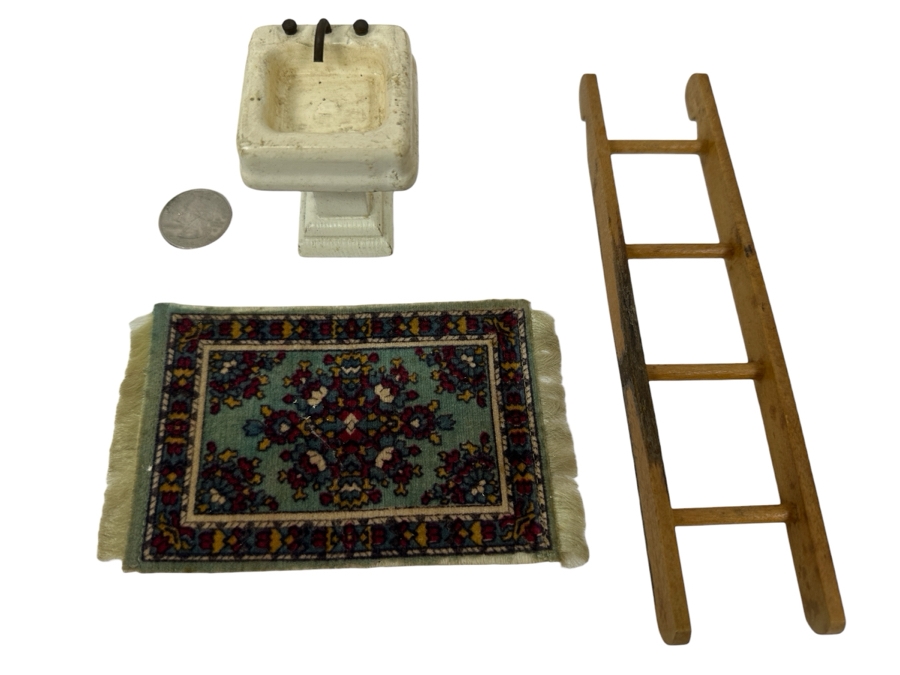 Just Added - Vintage Doll House Furniture: Oriental Persian Rug, Pedestal Sink & Library Ladder