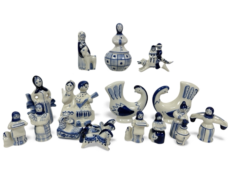 Just Added - Collection Of Vintage USSR Folk Art Hand Painted Russian Ceramic Blue & White Figurines