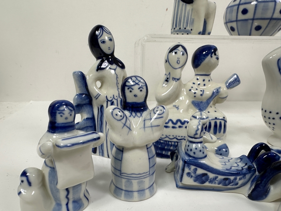 Just Added - Collection Of Vintage USSR Folk Art Hand Painted Russian Ceramic Blue & White Figurines [Photo 3]