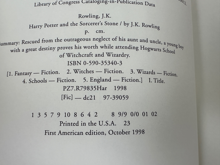 Just Added - First American Edition 1998 Hardcover Book With The Original Dust Jacket Of Harry Potter And The Sorcerer's Stone By J. K. Rowling Published By Scholastic / Arthur A. Levine Books Estimate $800-$2,500 [Photo 6]