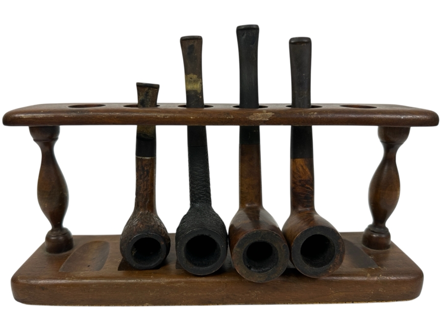 Just Added - Wooden Pipe Stand 10.5W X 5H With (4) Smoking Pipes