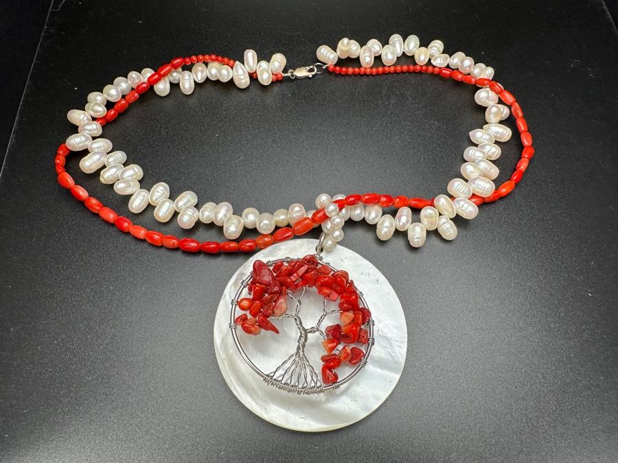 Just Added - 18' Statement Necklace With Pearls And Red Coral Beads [Photo 8]