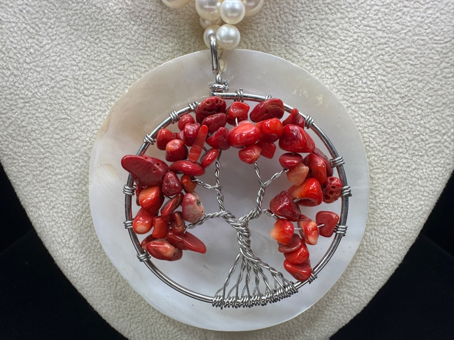 Just Added - 18' Statement Necklace With Pearls And Red Coral Beads [Photo 2]