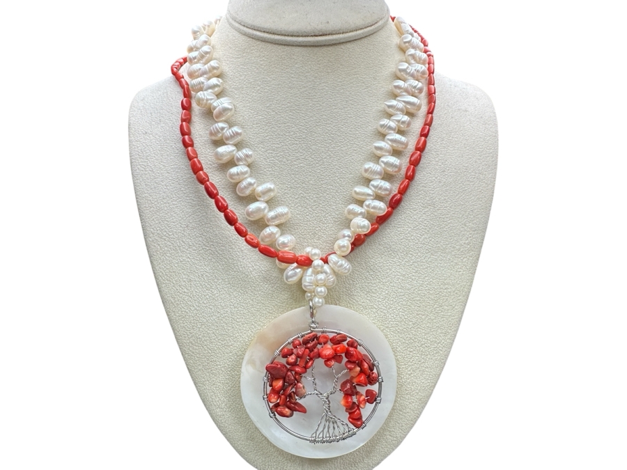 Just Added - 18' Statement Necklace With Pearls And Red Coral Beads
