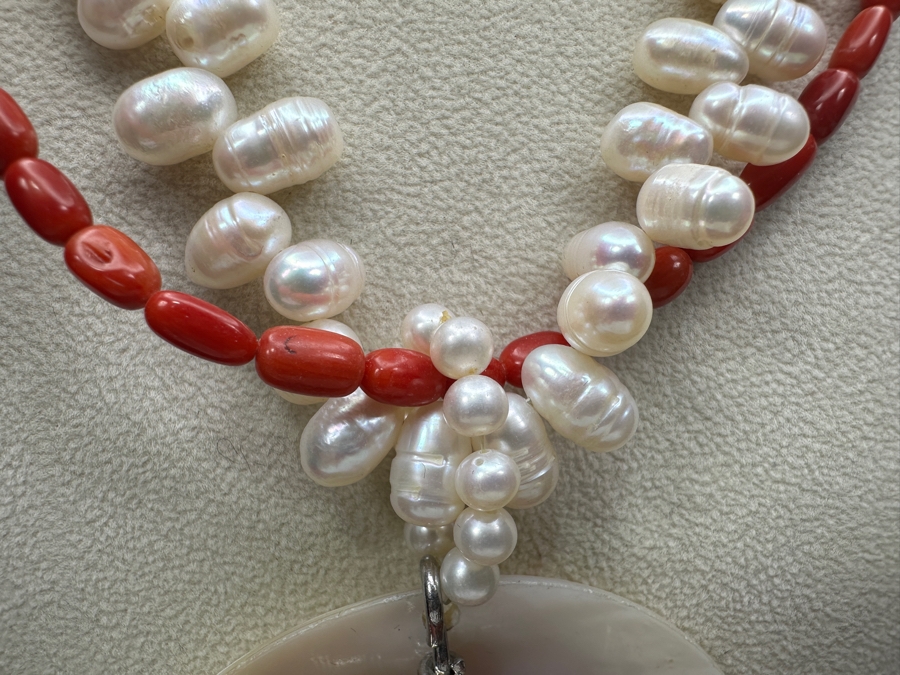 Just Added - 18' Statement Necklace With Pearls And Red Coral Beads [Photo 3]