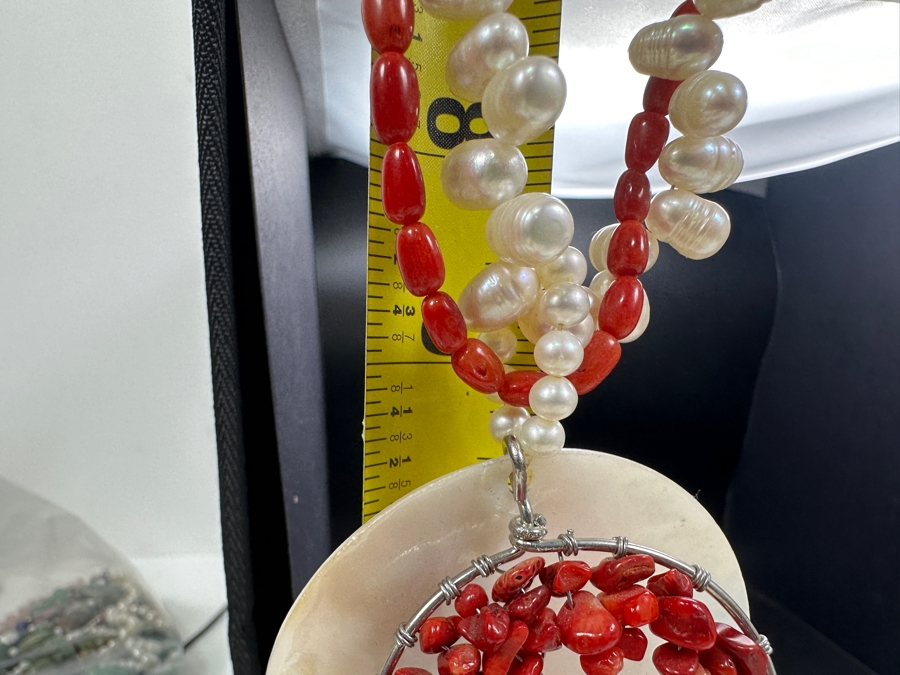 Just Added - 18' Statement Necklace With Pearls And Red Coral Beads [Photo 9]