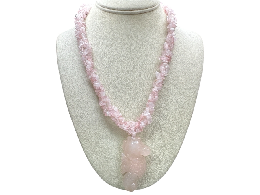 Just Added - Rose Quartz Beaded 20' Necklace With Sterling Silver Clasp And Carved Rose Quartz Seahorse Pendant