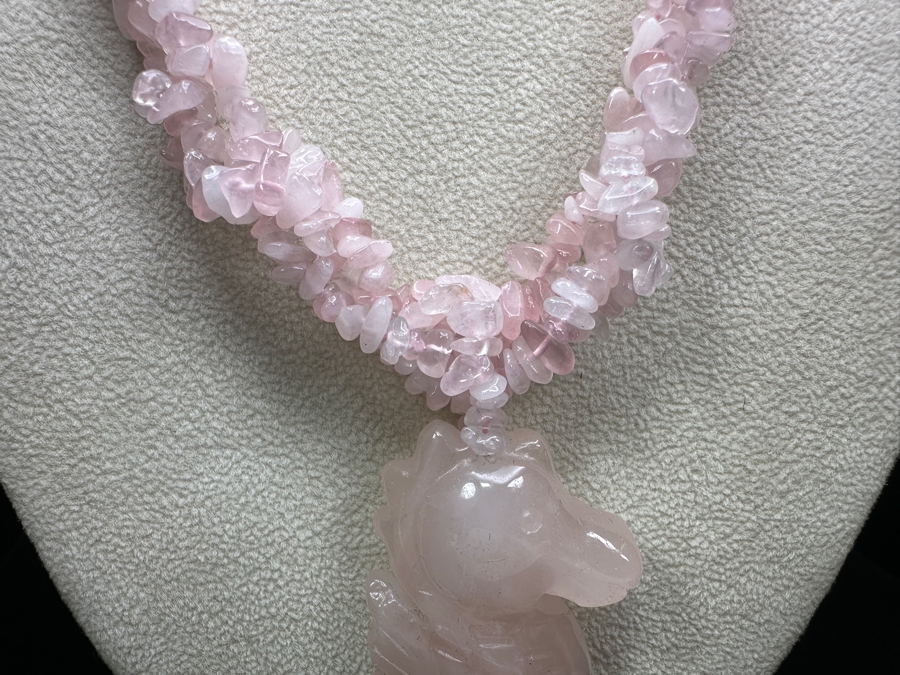 Just Added - Rose Quartz Beaded 20' Necklace With Sterling Silver Clasp And Carved Rose Quartz Seahorse Pendant [Photo 3]
