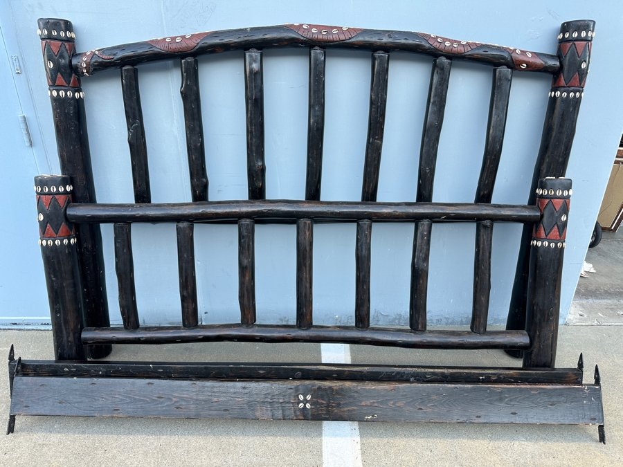 Just Added - Handmade Carved Wooden Cal King Bed Decorated With Cowrie Shells 78W X 94L X 55H [Photo 2]