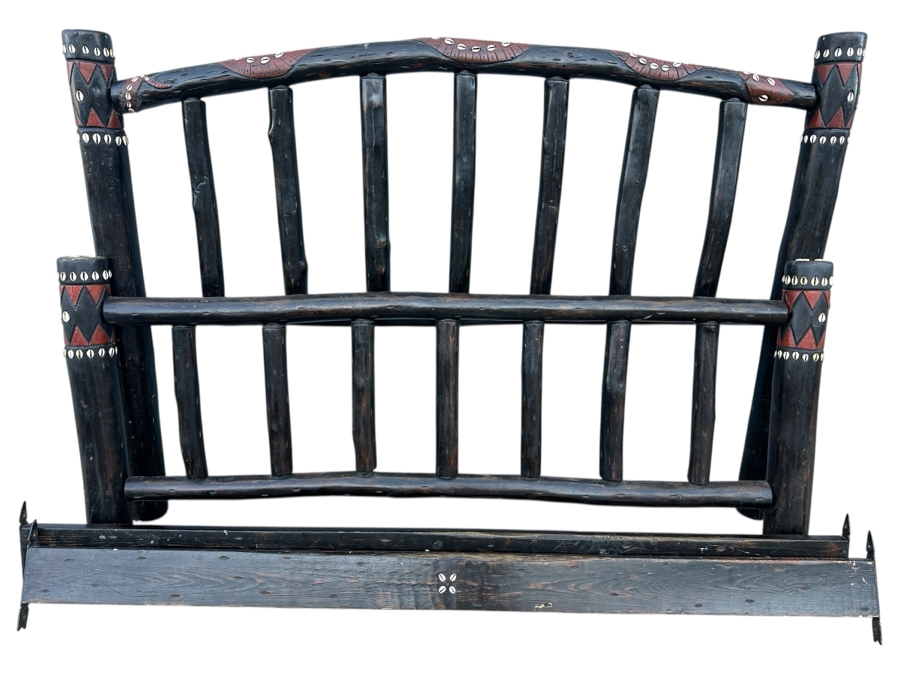 Just Added - Handmade Carved Wooden Cal King Bed Decorated With Cowrie Shells 78W X 94L X 55H