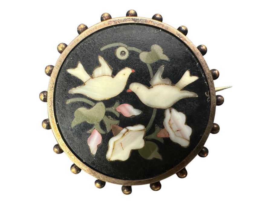 Just Added - Pietra Dura Mother Of Pearl Pin / Brooch 1.25'W