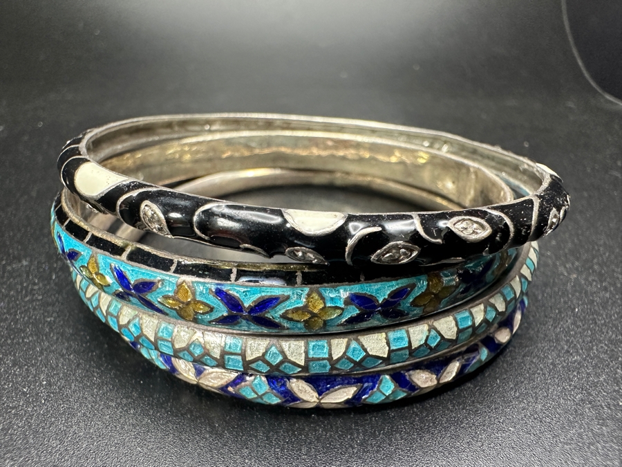 Just Added - (4) Sterling Silver Enamel Bangles Bracelets 57.8g [Photo 2]