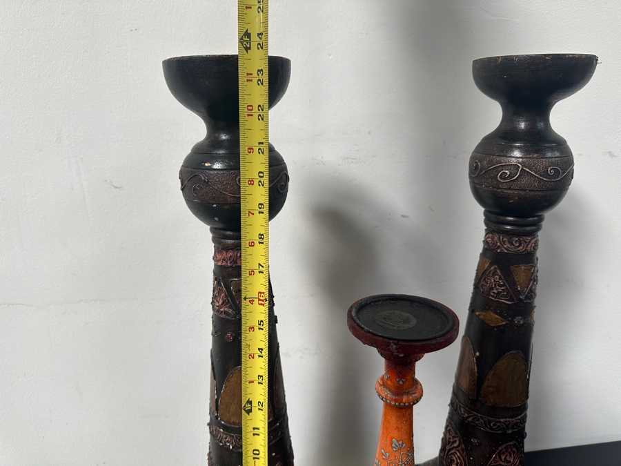 Just Added - Set of (3) Ornate Wood Candle Holders with Metal Accents 23'H [Photo 5]
