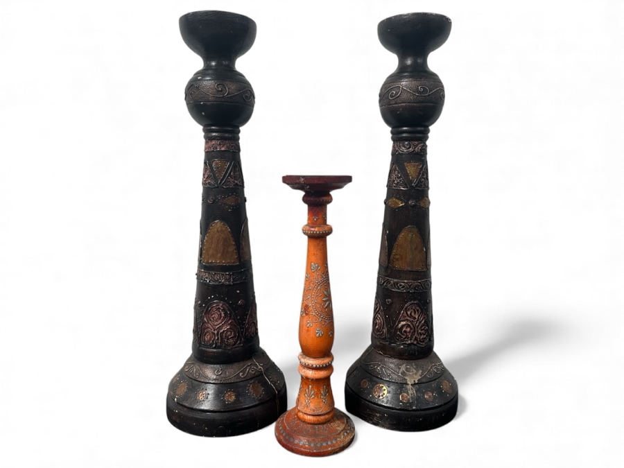 Just Added - Set of (3) Ornate Wood Candle Holders with Metal Accents 23'H