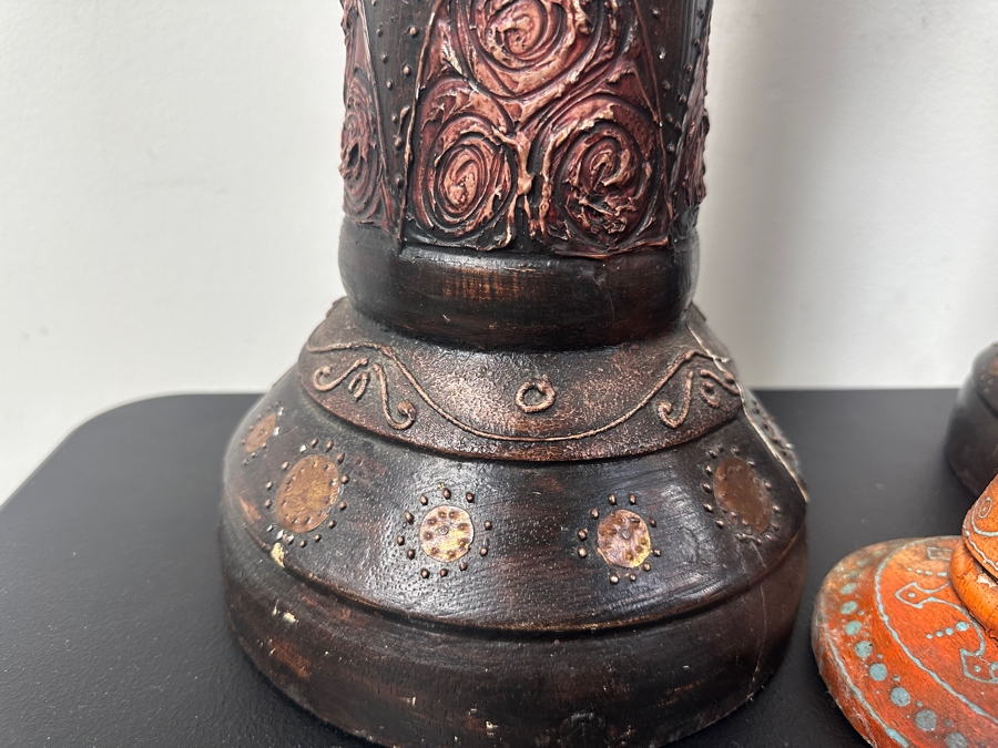 Just Added - Set of (3) Ornate Wood Candle Holders with Metal Accents 23'H [Photo 2]