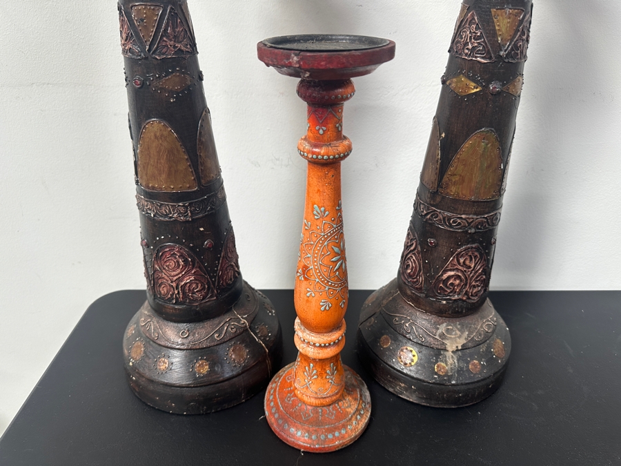 Just Added - Set of (3) Ornate Wood Candle Holders with Metal Accents 23'H [Photo 4]